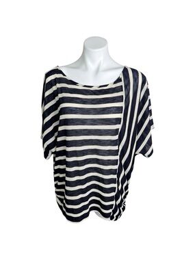 Vintage Y2K Perception Women 2X Navy Stripe Crochet Sheer Top Beach Cover Up USA